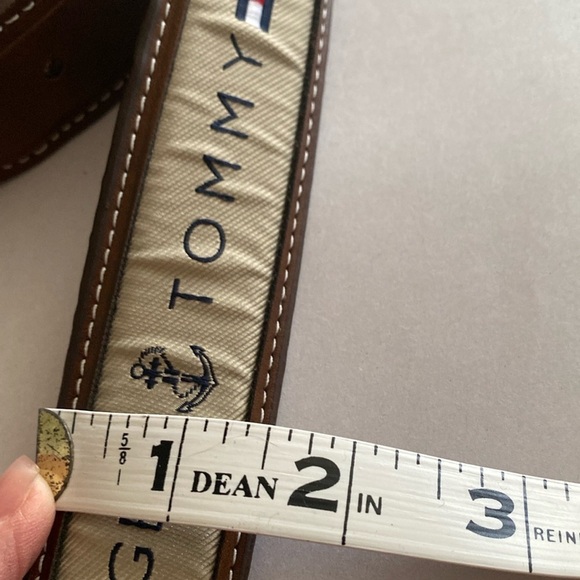 TOMMY HILFIGER Men's Brown Leather Belt Ribbon Logo Contrast Stitching Casual L - Picture 5 of 7